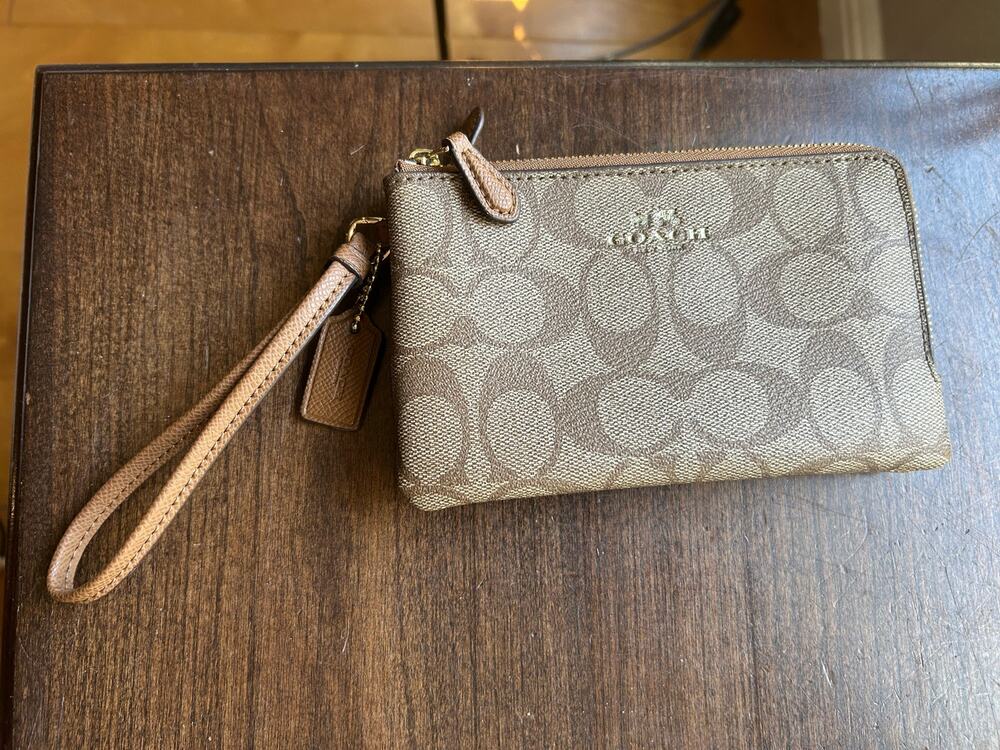 COACH double zip leather wristlet brown